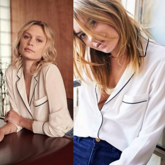 Sezane 100% Silk Elisa Black Ecru White Size 36 French / US 4 Button Top Blouse - Picture 3 of 14